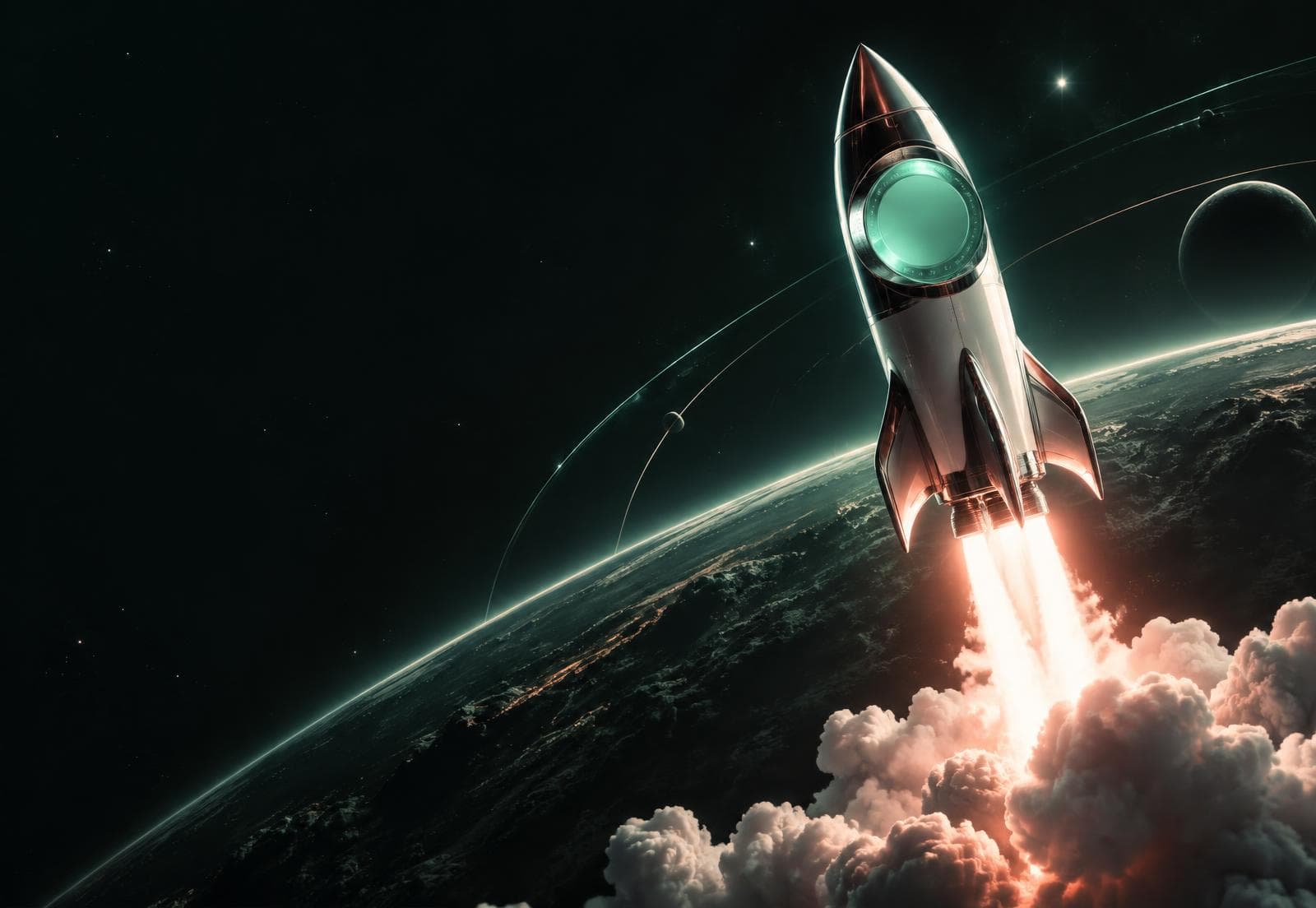 A spacecraft lifting off above a planet into orbit